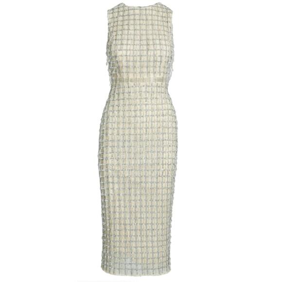 Mac Duggal 14 nude Sleeveless High Neck Beaded Midi Sheath Dress dangling sequin - Picture 2 of 10